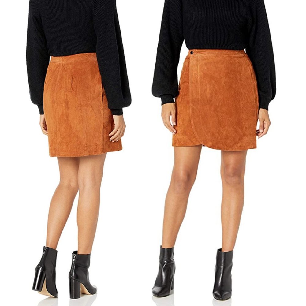 NEW BlankNYC Real Genuine Suede Leather Wrap Mini Skirt Sweater Weather Camel 29 - Picture 7 of 7